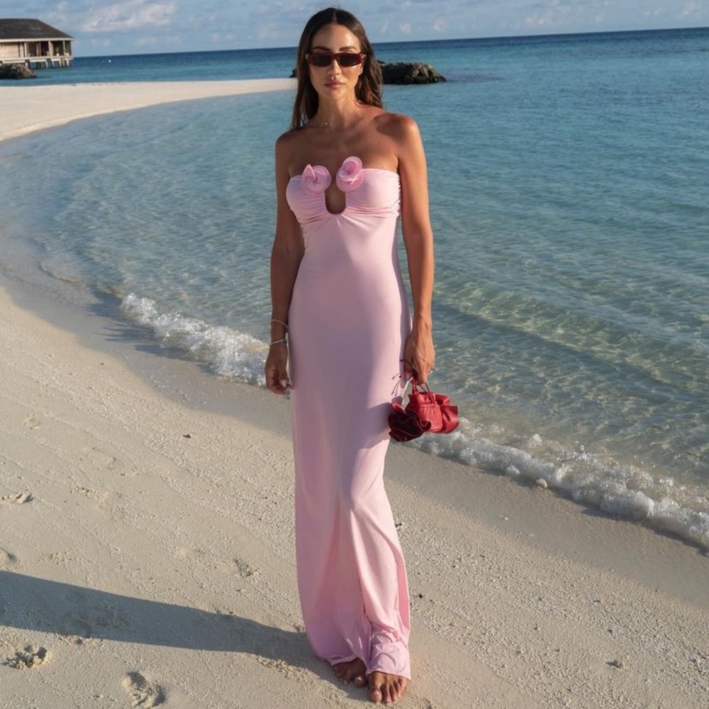 NWT Magda Butrym Strapless Pink Flower Rose Appliqué Ruched Maxi Long Dress Gown